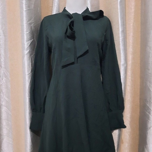 Zara dark green lapel collar midi long sleeve dress with tie - Picture 4 of 4
